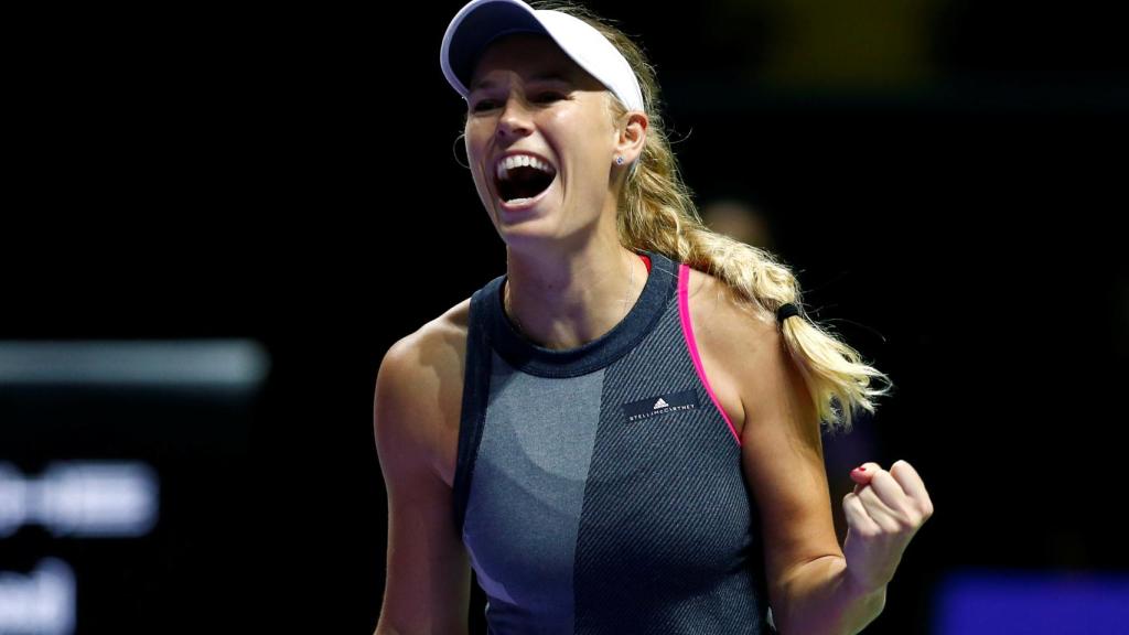 Wozniacki, celebrando su pase a la final de la Copa de Maestras.