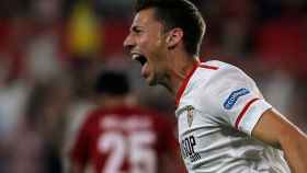 Lenglet celebra el gol del Sevilla.