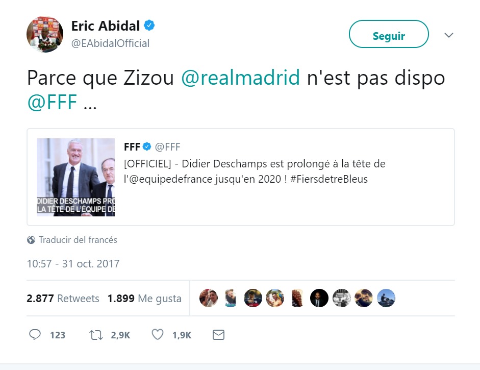Abidal pide a Zidane como seleccionador de Francia por Twitter