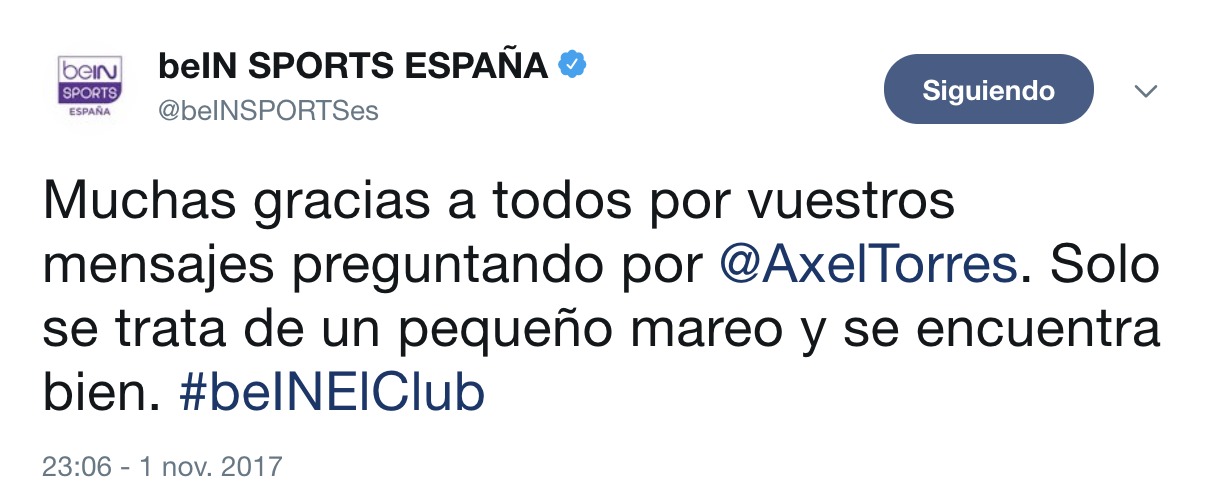 Tweet de beIN Sports sobre Alex Torres