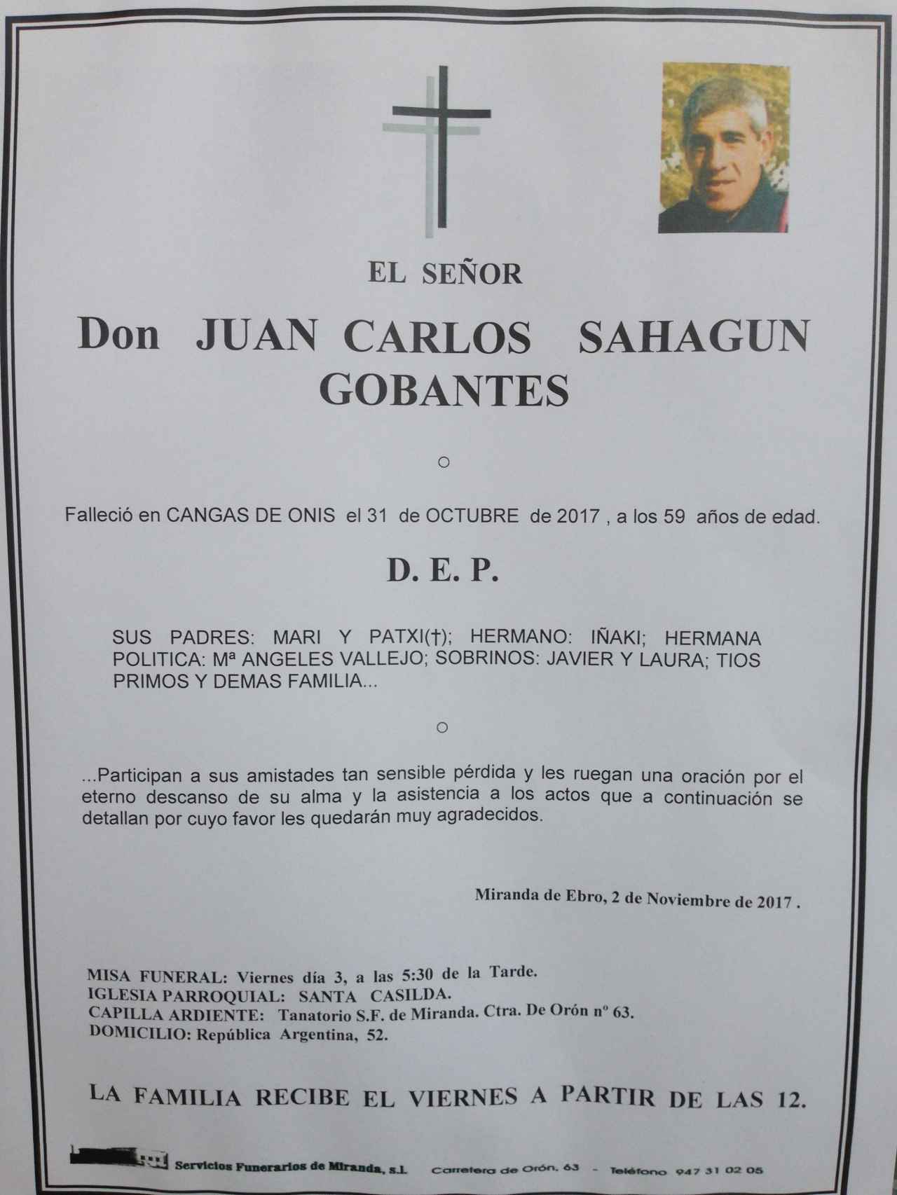 Anuncio de la misa en recuerdo de Juan Carlos Sahagún.