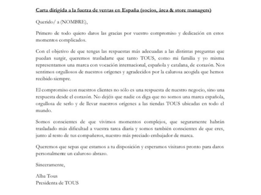 El comunicado interno emitido por Alba Tous.