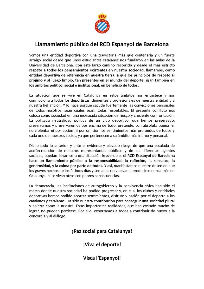 El Espanyol emite un llamamiento público a la paz social en Cataluña