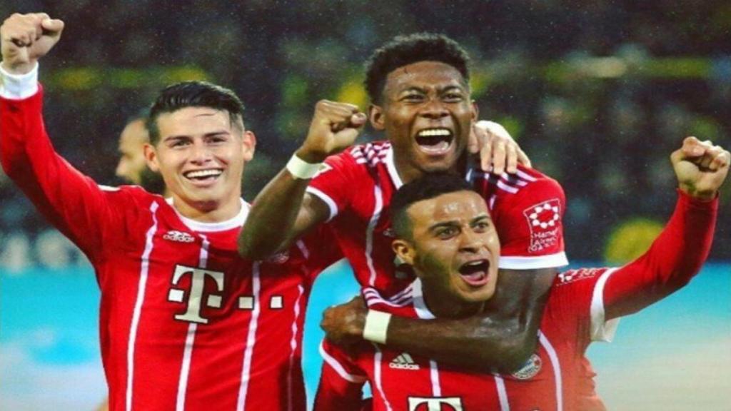 James celebra un gol con Alaba y Thiago. Foto: Twitter (@jamesdrodriguez)