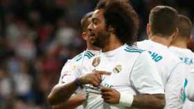 Marcelo señala el escudo del Madrid tras marcar al Eibar