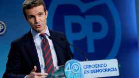 El vicesecretario de Comunicación del PP, Pablo Casado, este lunes en Génova.