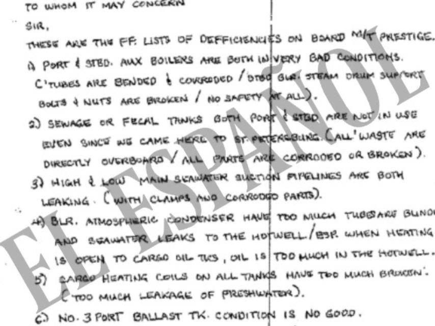 Kostazos narra parte de los desperfectos del Prestige el verano anterior a la tragedia. Fue enviada en un fax  el 15 de agosto de 2002 desde el barco, atracado en San Petersburgo, a la compañía del buque, American Bureau Of Shipping (ABS). En esa lista se detallan todo tipo de deficiencias.