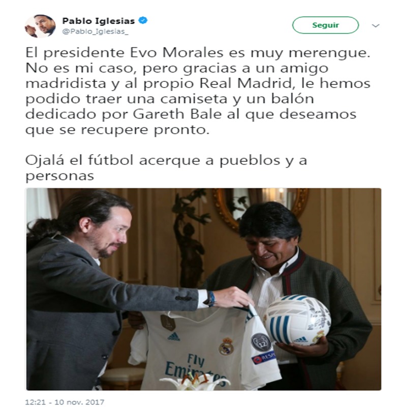 Pablo Iglesias se aprovecha del Real Madrid en su viaje a Bolivia