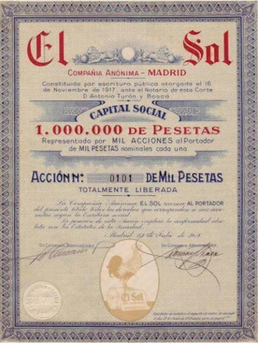 Una de las acciones del capital de El Sol, a mil pesetas.
