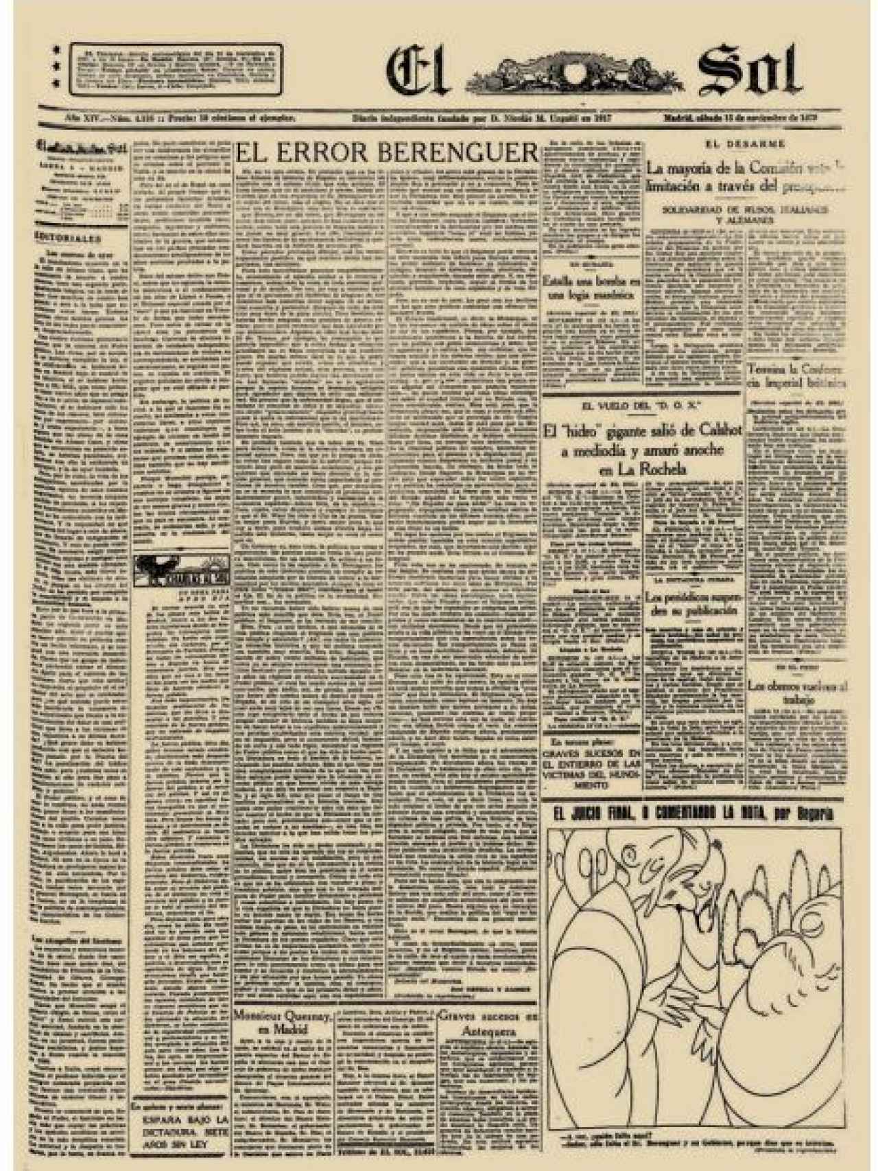 Primera página de El Sol, del 15 de noviembre de 1930, con el polémico artículo de Ortega y Gasset.