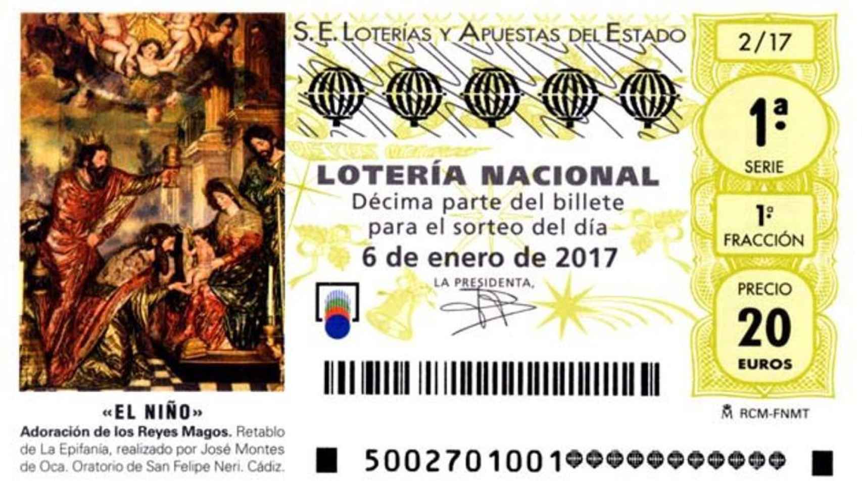 Boleto de la Lotería de Navidad de 2017.