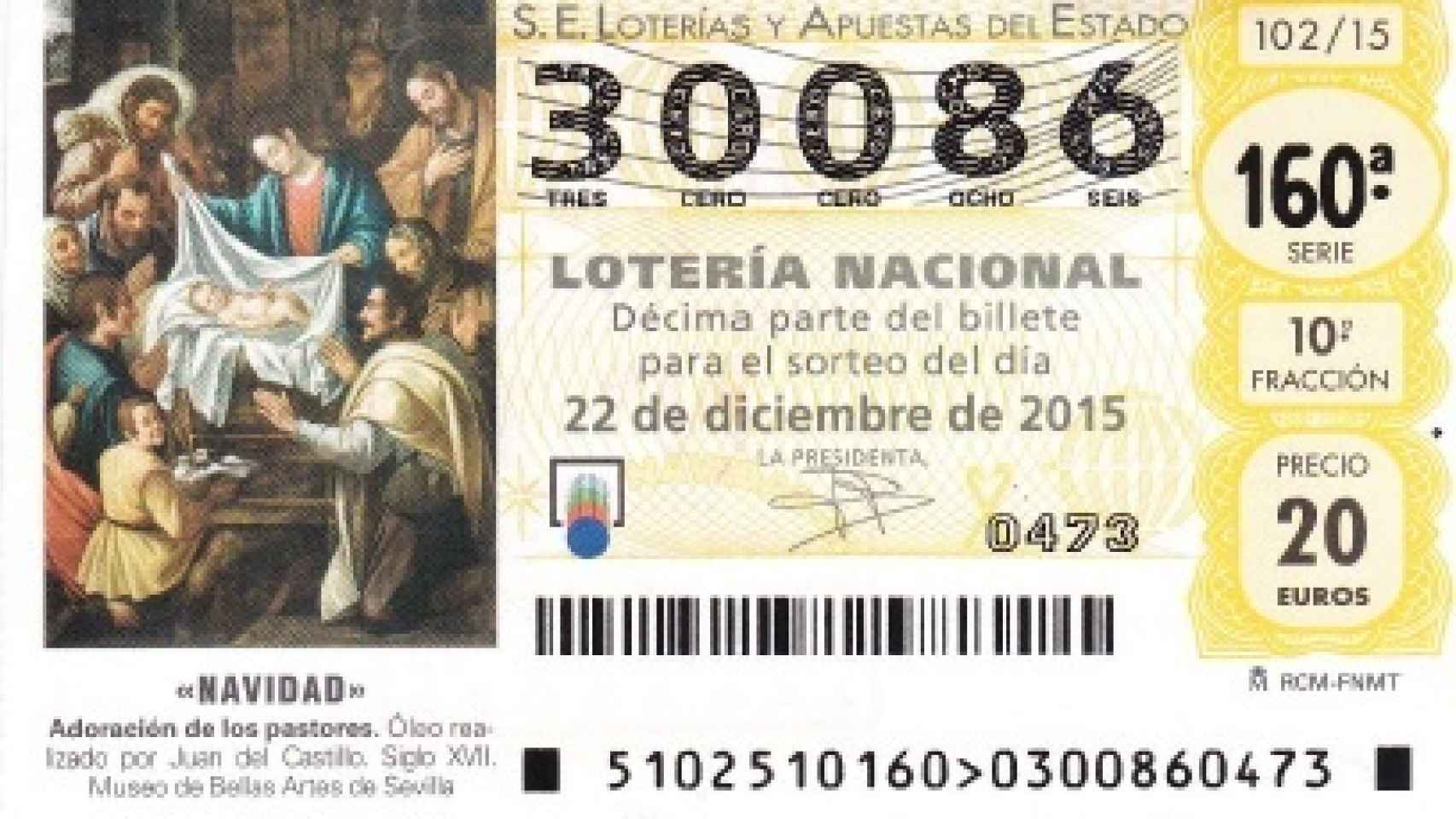 Boleto de la Lotería de Navidad de de 2015.
