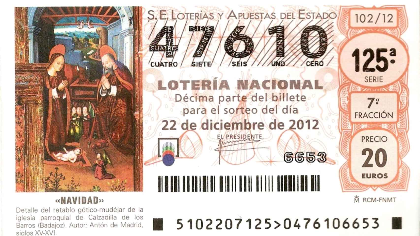 Boleto de la Lotería de Navidad de 2012.