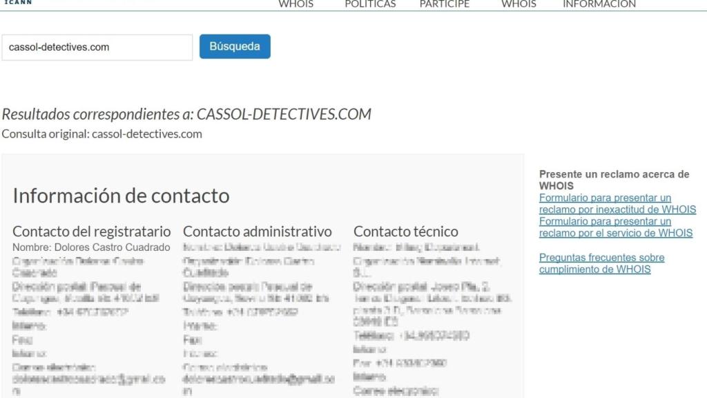 Imagen en la que señala que Dolores Castro es propietaria del dominio Cassol Detectives.