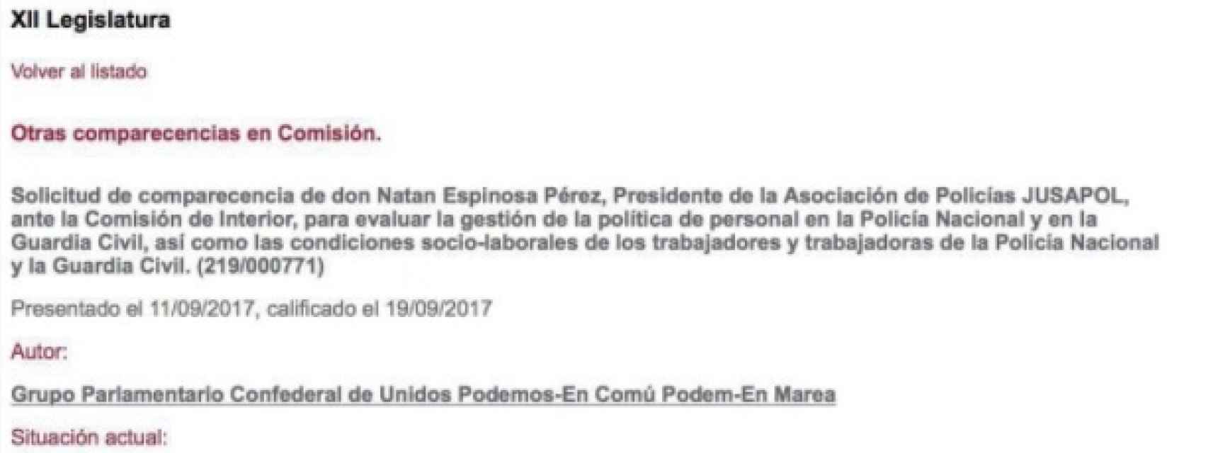 La invitación de Unidos Podemos recogida en la web de Congreso.