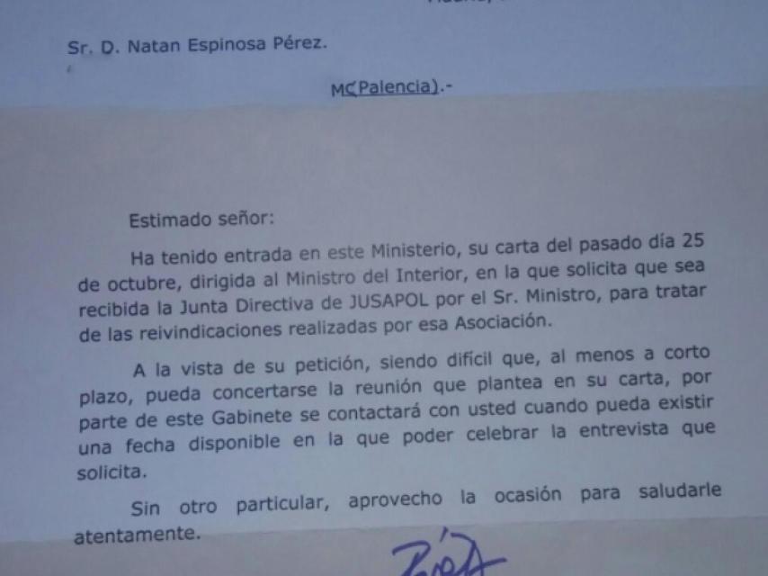 Carta remitida por Zoido en la que rechaza mantener una reunión con Jusapol.