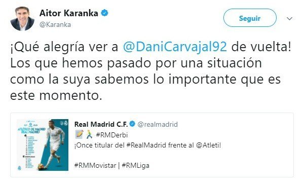 El emotivo mensaje de Karanka a Carvajal por su reaparición