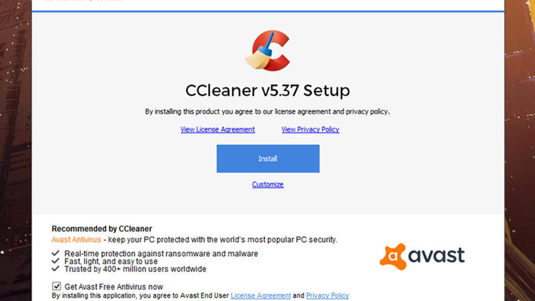 cant download ccleaner with avast