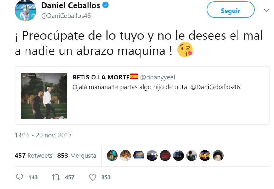 La ejemplar respuesta de Ceballos a un bético en Twitter que le deseaba una grave lesión