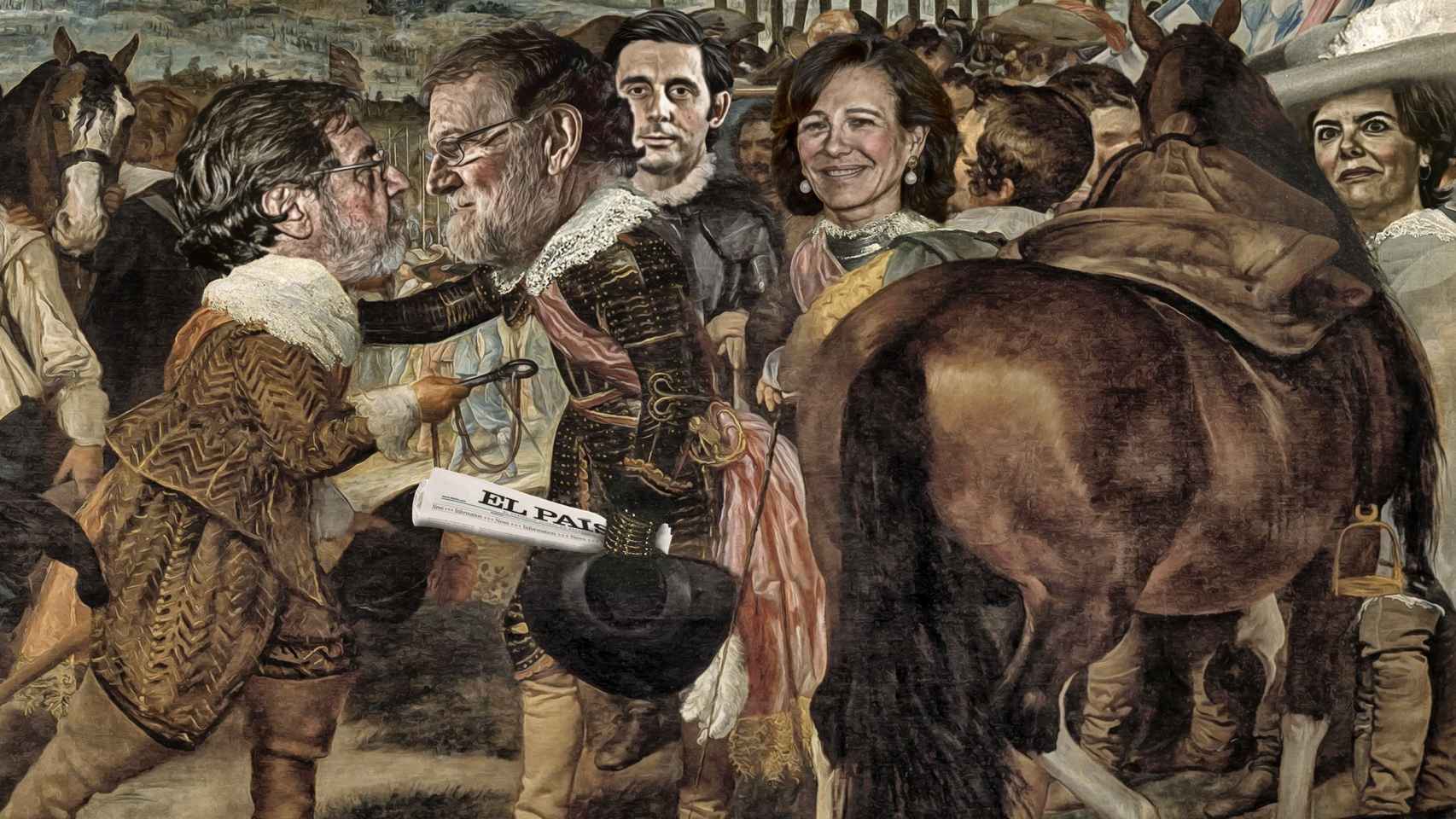 La rendición de Prisa: Juan Luis Cebrián entrega las llaves de 'El País' a Mariano Rajoy , bajo la atenta mirada de José María Álvarez-Pallete (Telefónica), Ana Botín (Santander)  y Soraya Sáenz de Santamaría.