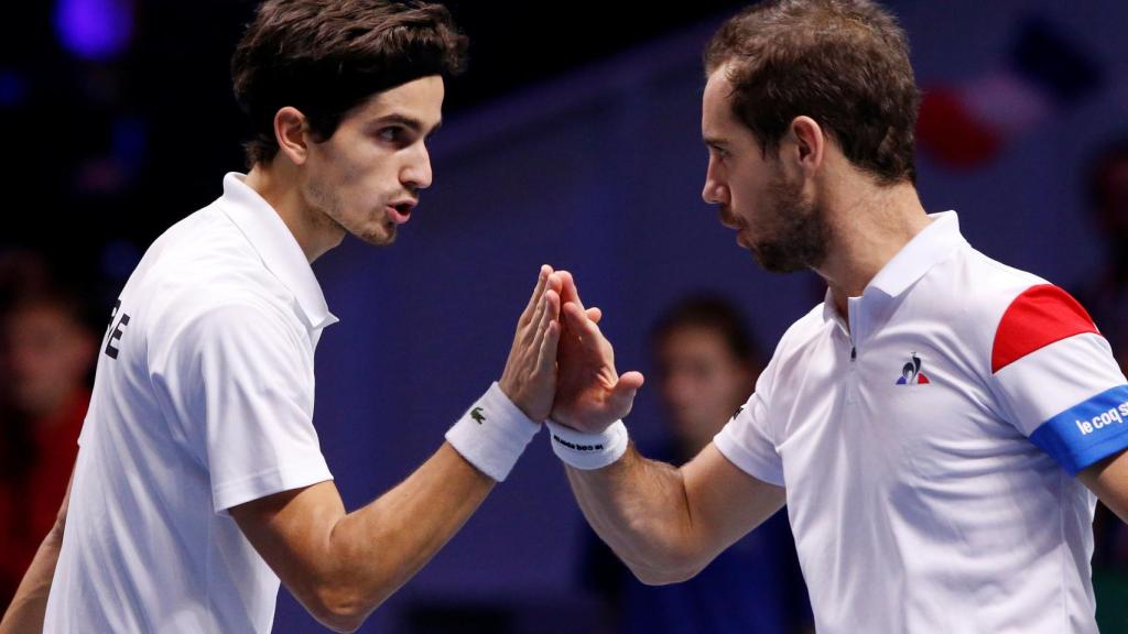 Herbert y Gasquet celebran un punto durante el partido de dobles.