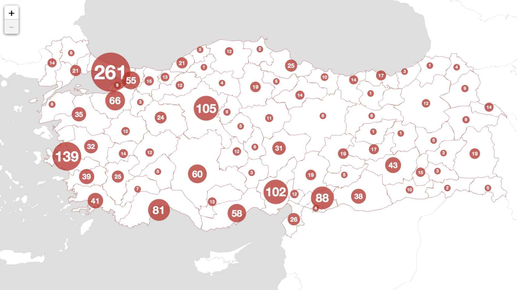 Mapa de los feminicidios en Turquía en el periodo 2010-2017.