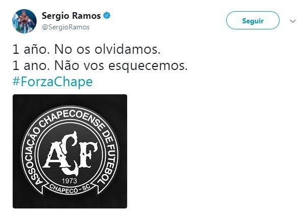 El bonito mensaje de Ramos al Chapecoense