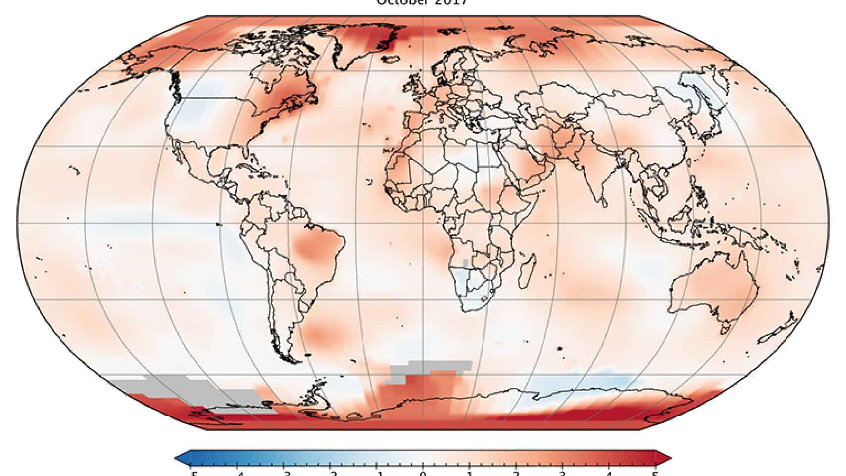 Mapa de anomalías en temperaturas globales de octubre de 2017 en referencia al periodo desde 1980 a 2015.