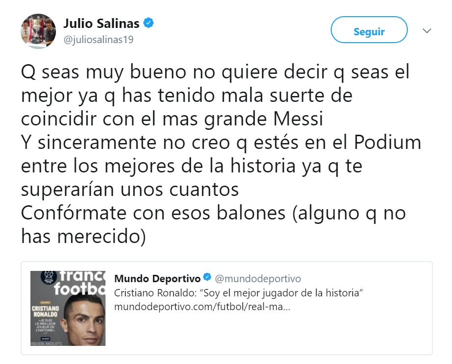 Julio Salinas se 'pica' con Cristiano: Confórmate con esos balones, alguno que no has merecido