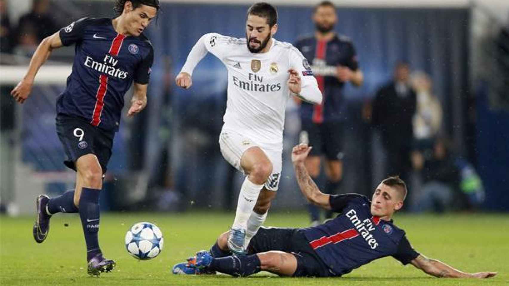 Isco, Cavani y Verratti en el último PSG - Real Madrid (2015).