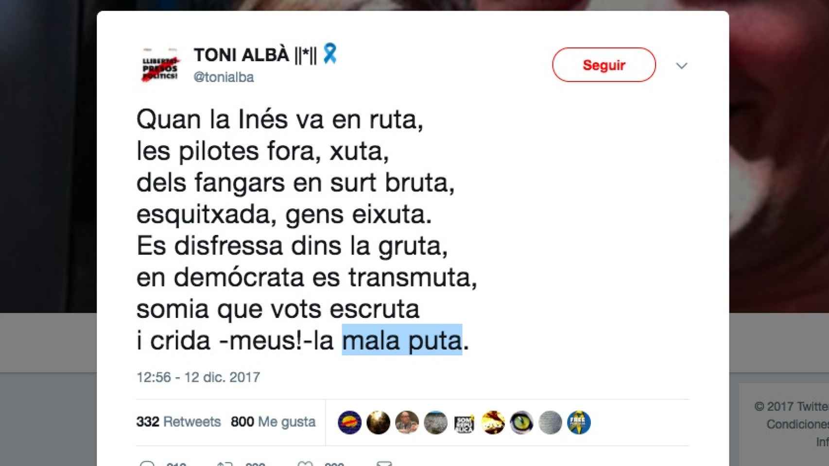 Captura del tuit del actor Toni Albà.