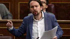 El líder de Unidos Podemos, Pablo Iglesias, durante la sesión de control al Gobierno en el Congreso.