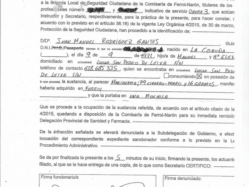 El acta de incautación de los 79 porros que Juan tenía en su habitación.