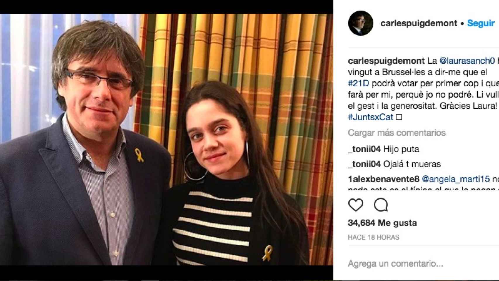 Puigdemont, en Bruselas con la joven de 18 años que se ha 'prestado' a votar por él.