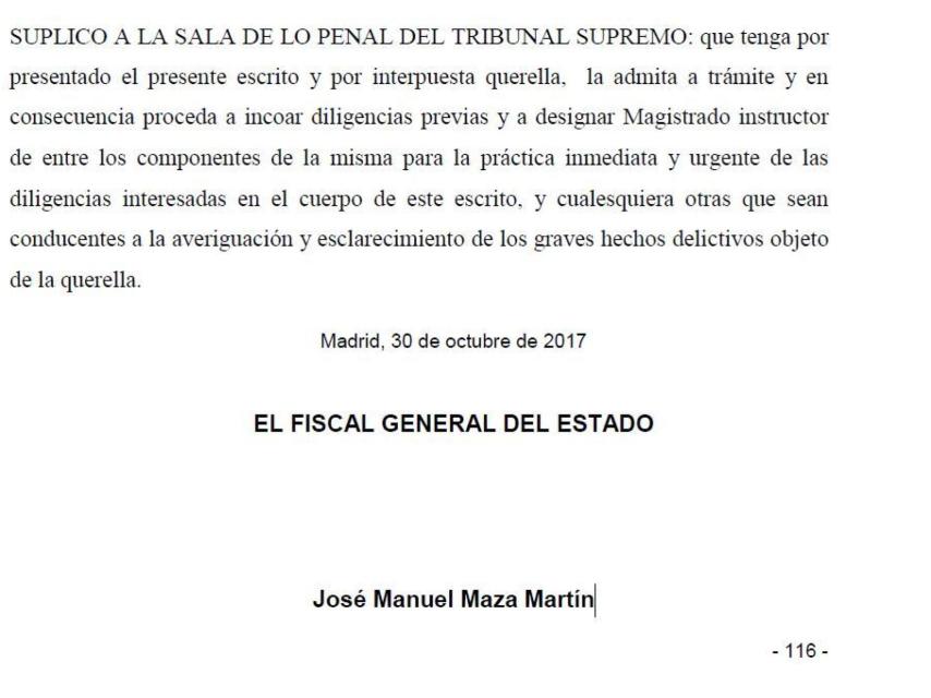 Querella por rebelión interpuesta por Maza ante el Tribunal Supremo./