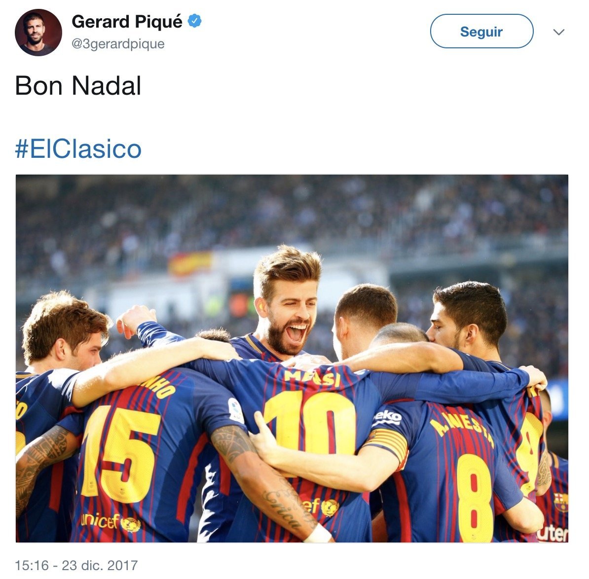 El primer tuit de Piqué tras El Clásico: un mensaje a los culés