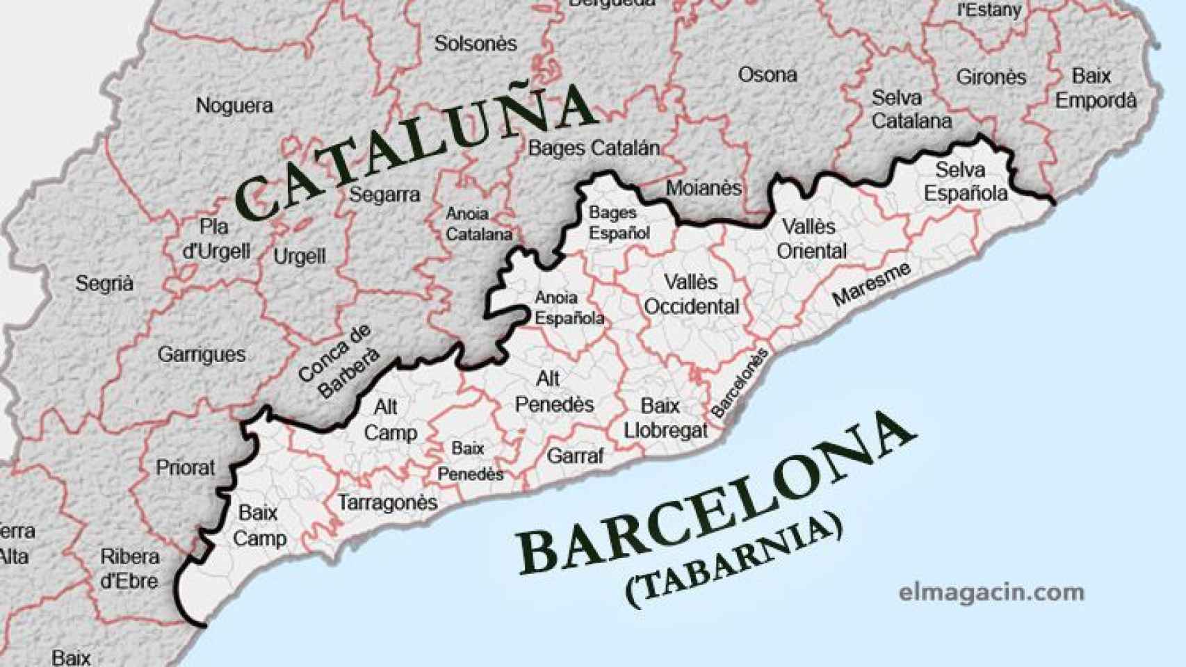 El territorio donde se encuentra Tabarnia dentro del mapa de Cataluña.