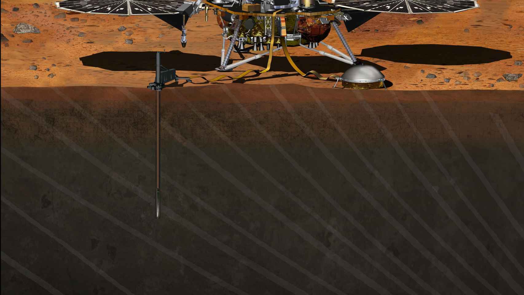 Representación de la sonda Insight perforando el suelo de Marte.