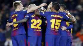Los jugadores del Barcelona celebrando un gol. Foto: Twitter (@FCBarcelona_es).