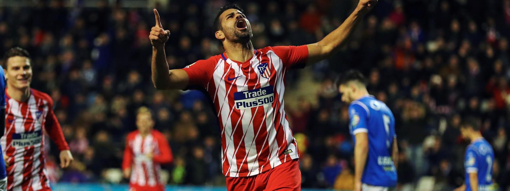 Diego Costa celebra su gol con el Atlético de Madrid ante el Lleida.