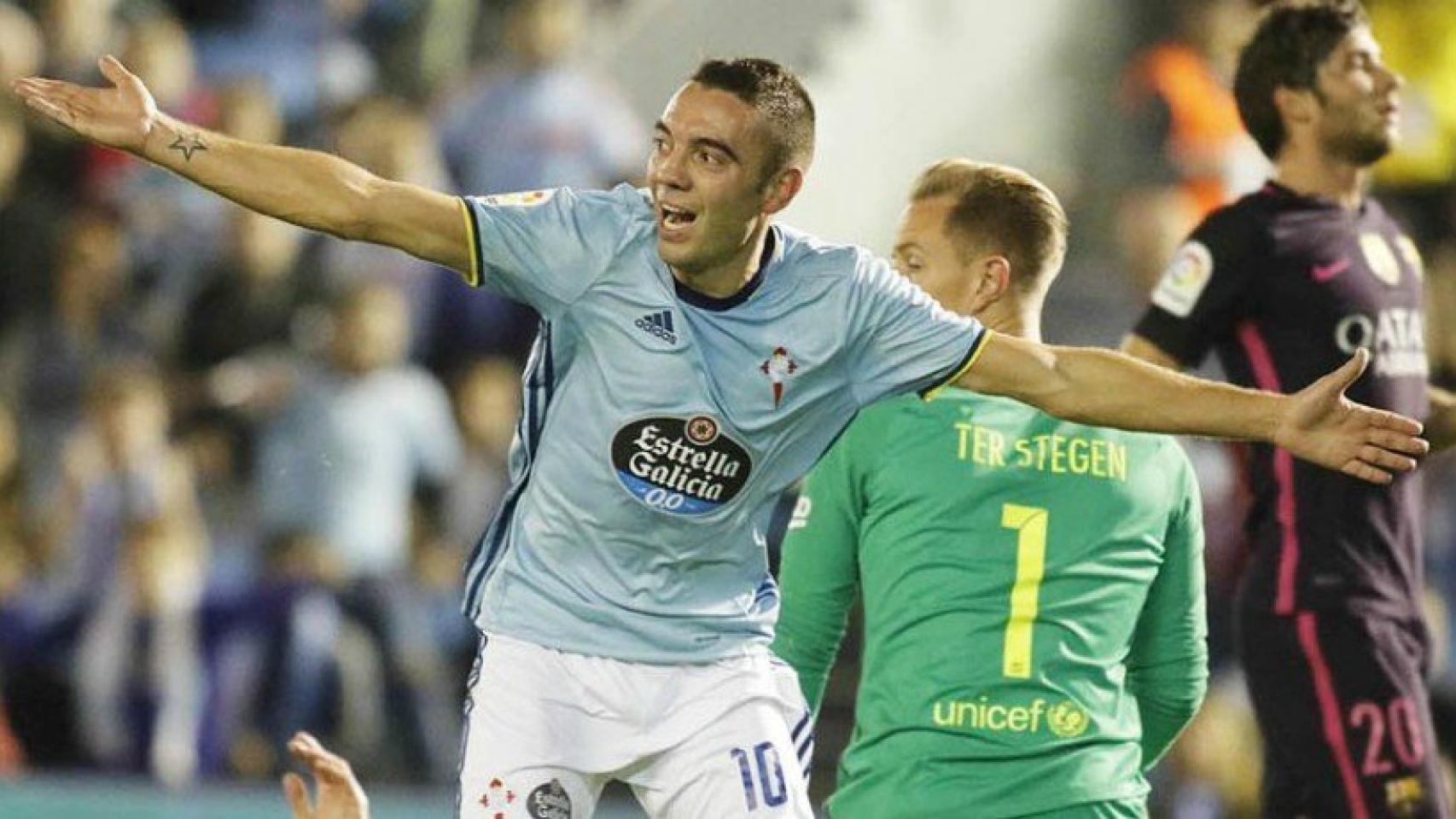 Aspas celebra contra el barcelona. Foto Twitter (@RCCelta)