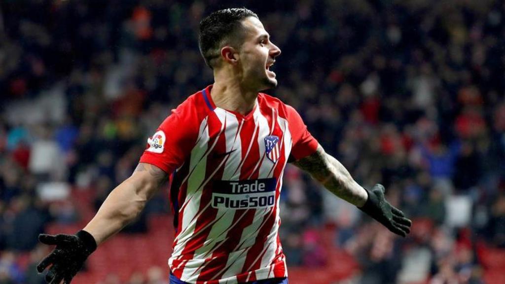 Vitolo celebra su primer gol con el Atlético de Madrid.