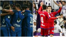 Los jugadores del Fuenlabrada y del Numancia celebran sus goles en el Santiago Bernabéu