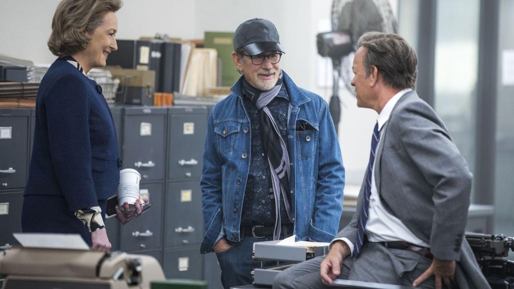 Meryl Streep, Spielberg y Tom Hanks en el rodaje de Los archivos del Pentágono.