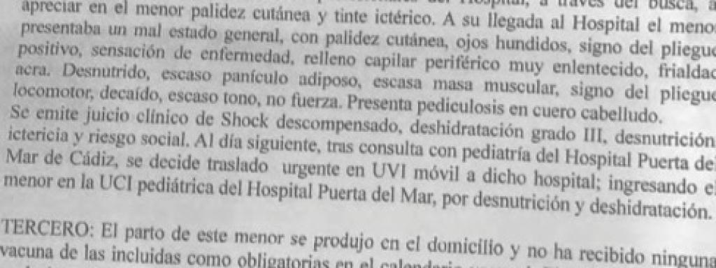 Cuadro clínico del bebé que aparece en el informe presentado por la Junta de Andalucía.