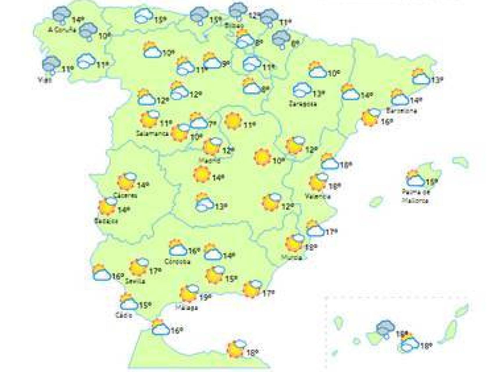 Mapa de la previsión del tiempo para el sábado.