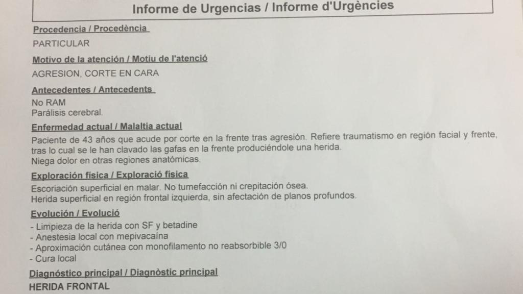 Parte médico de Enrique Marí tras recibir atención en el hospital Clínico de Valencia.