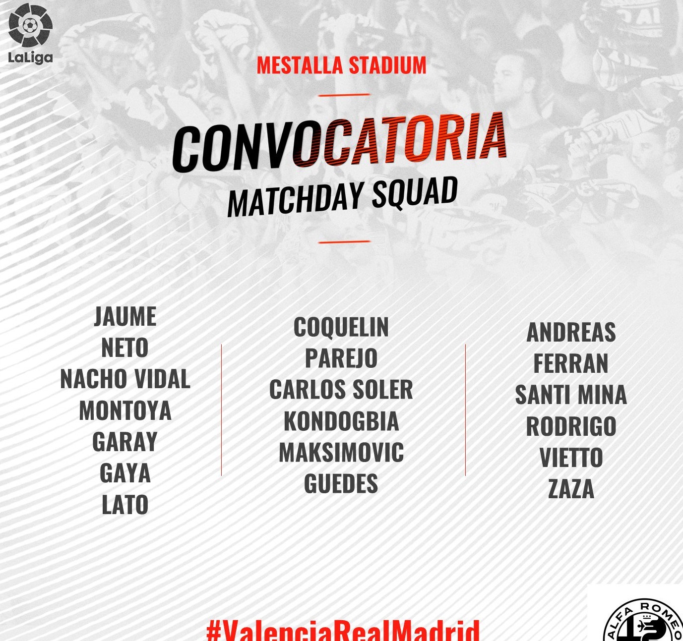 Carlos Soler, en la convocatoria del Valencia frente al Real Madrid