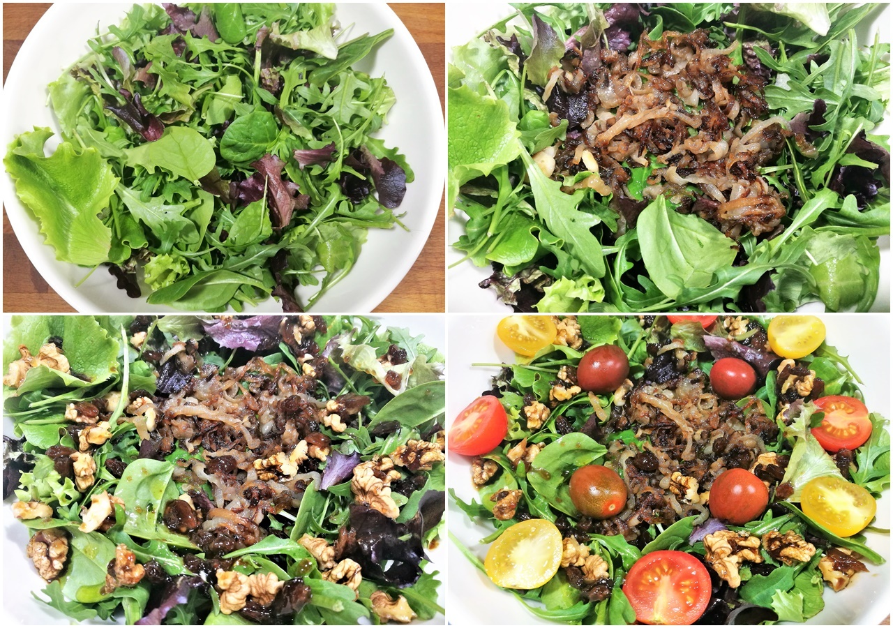 Ensalada de queso de cabra y jamón de pato con vinagreta de frutos