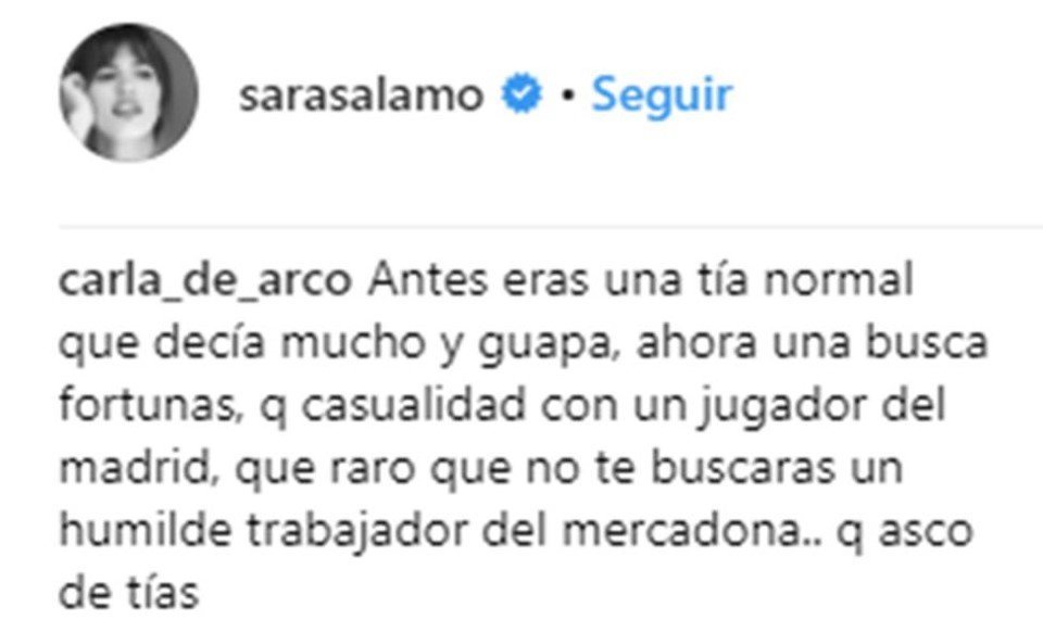 Crítica de una usuaria de Instagram a Sara Sálamo